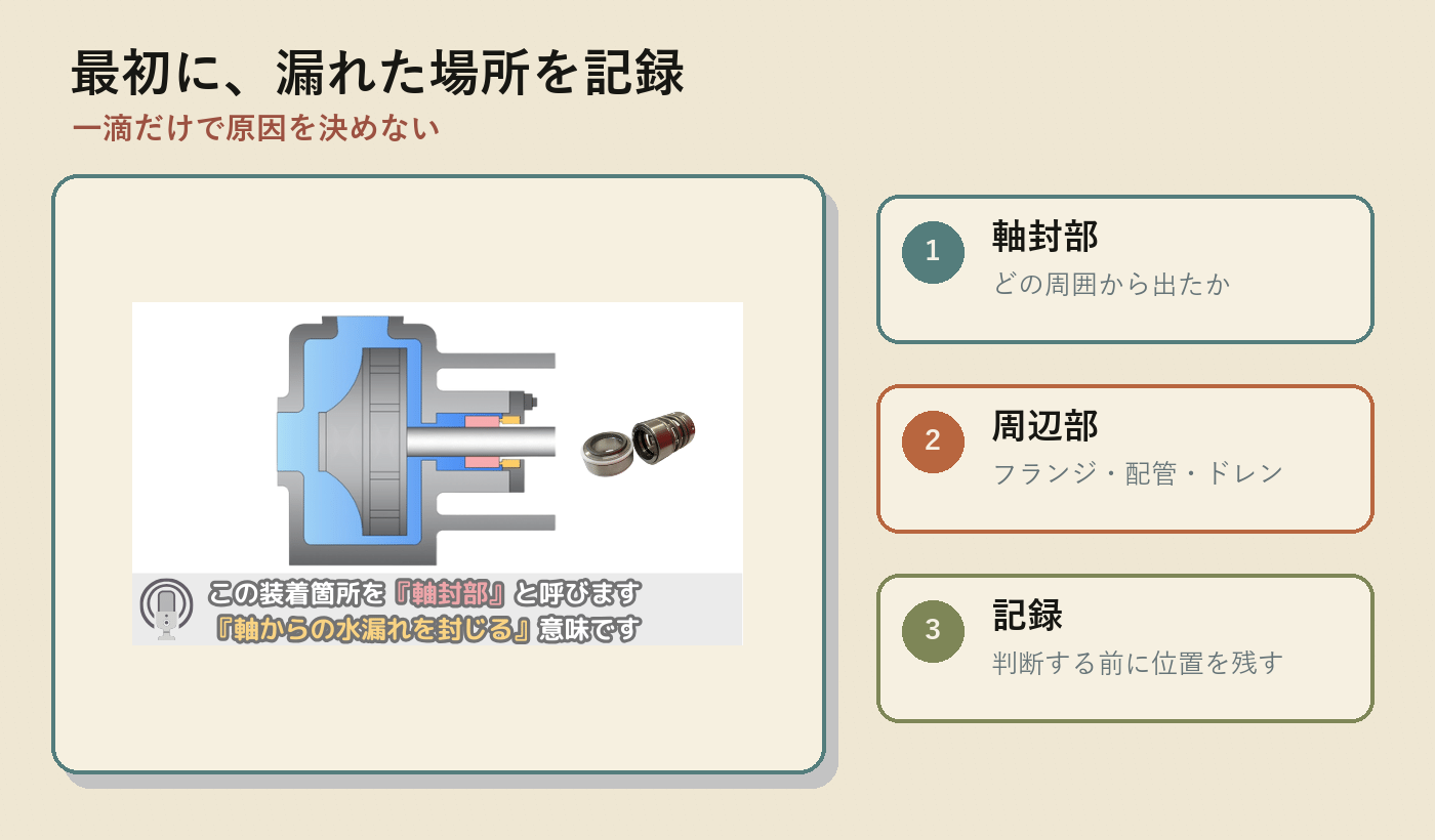 メカニカルシール周辺の液漏れについて場所・タイミング・経路を確認する図